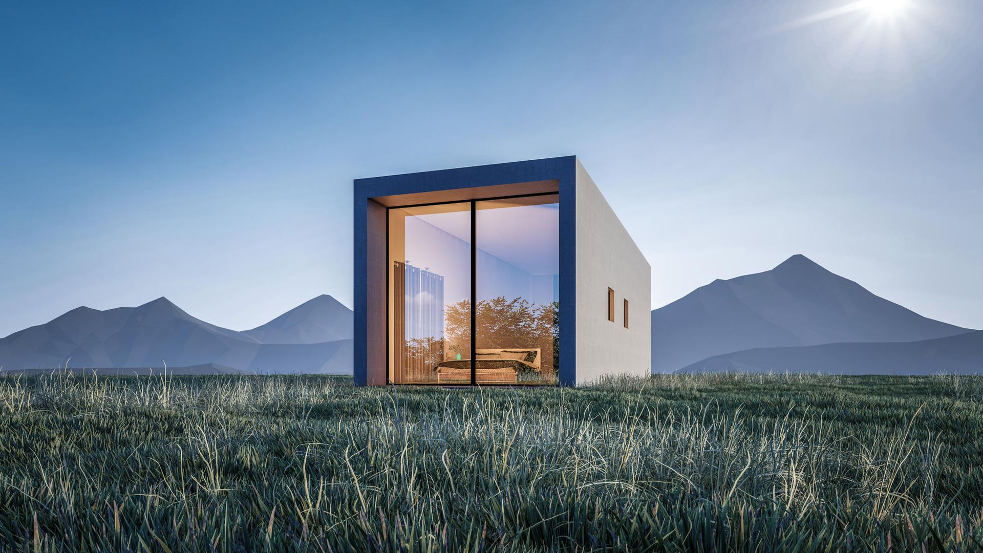 architectural 3d rendering illustration modern minimal house with natural landscape